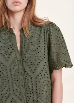 Robe Longue En Broderie Anglaise Kaki à Manches Courtes -Mode Soldes Boutique FH RO VERONA B 1554 6