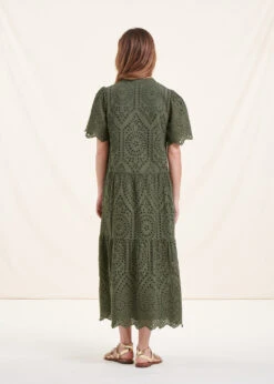 Robe Longue En Broderie Anglaise Kaki à Manches Courtes -Mode Soldes Boutique FH RO VERONA B 1554 b
