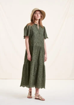 Robe Longue En Broderie Anglaise Kaki à Manches Courtes -Mode Soldes Boutique FH RO VERONA B 1554 c