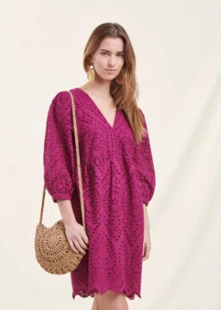 Robe Courte En Coton Violette Broderie Anglaise -Mode Soldes Boutique FH RO VINICI B 1488 c