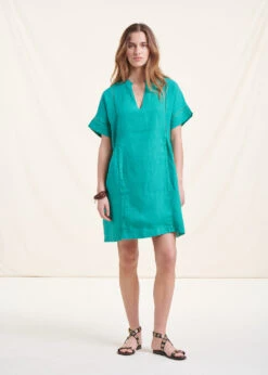 Robe Courte Ample Verte En Lin
