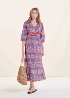 Robe Longue Imprimé Bleu Et Rose En Coton Biologique