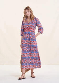 Robe Longue Imprimé Bleu Et Rose En Coton Biologique -Mode Soldes Boutique FH RO VODEL B 860 c