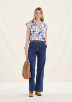 Top Blanc Et Bleu Ample à Encolure Tunisienne Imprimé -Mode Soldes Boutique FH TO PASSIMA T 839 c