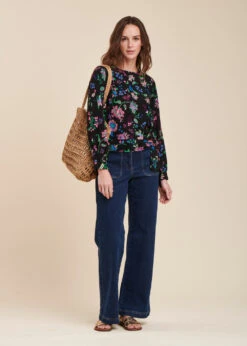 Top Noir Ample Manches Longues Fleuri Encolure Ronde -Mode Soldes Boutique FH TO TALPH J 700 c