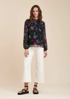 Top Noir Fluide Manches Longues En Voile Fleuri -Mode Soldes Boutique FH TO TULE J 700 a