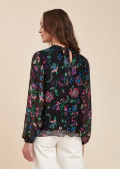 Top Noir Fluide Manches Longues En Voile Fleuri -Mode Soldes Boutique FH TO TULE J 700 b