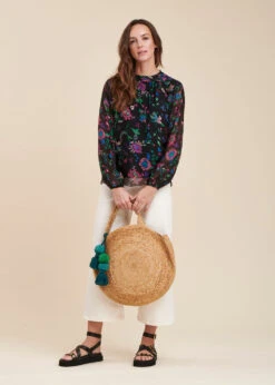 Top Noir Fluide Manches Longues En Voile Fleuri -Mode Soldes Boutique FH TO TULE J 700 c