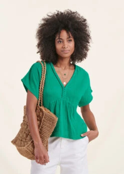 Top Manches Courtes Vert Chlorophylle En Gaze De Coton Biologique