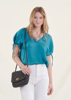 Top Bleu Oversize En Satin Manches Courtes