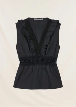 Top Noir Sans Manches En Coton Encolure V Avec Dentelle Et Volant -Mode Soldes Boutique FH TO VINCI P 700 7