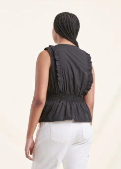 Top Noir Sans Manches En Coton Encolure V Avec Dentelle Et Volant -Mode Soldes Boutique FH TO VINCI P 700 b