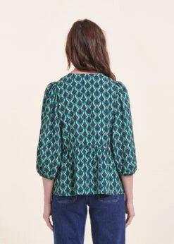 Top Vert Manches 3/4 à Imprimé Ethnique -Mode Soldes Boutique FH TO VINIO N 805 b