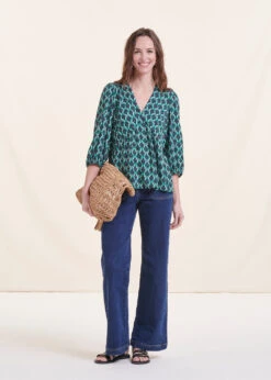 Top Vert Manches 3/4 à Imprimé Ethnique -Mode Soldes Boutique FH TO VINIO N 805 c