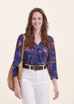 Top Bleu Manches 3/4 à Imprimé