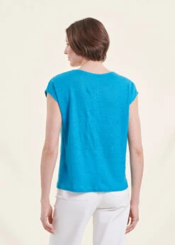T-shirt Bleu Azur En Lin Manches Courtes -Mode Soldes Boutique FH TS VIRANO 1377 b